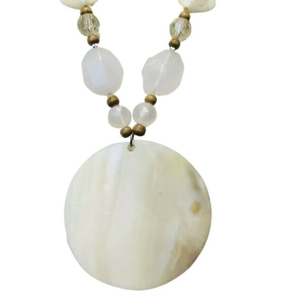 Oversized White Shell Pendant Statement Necklace 19" Icy Glass Beaded Bohemian - Picture 3 of 8